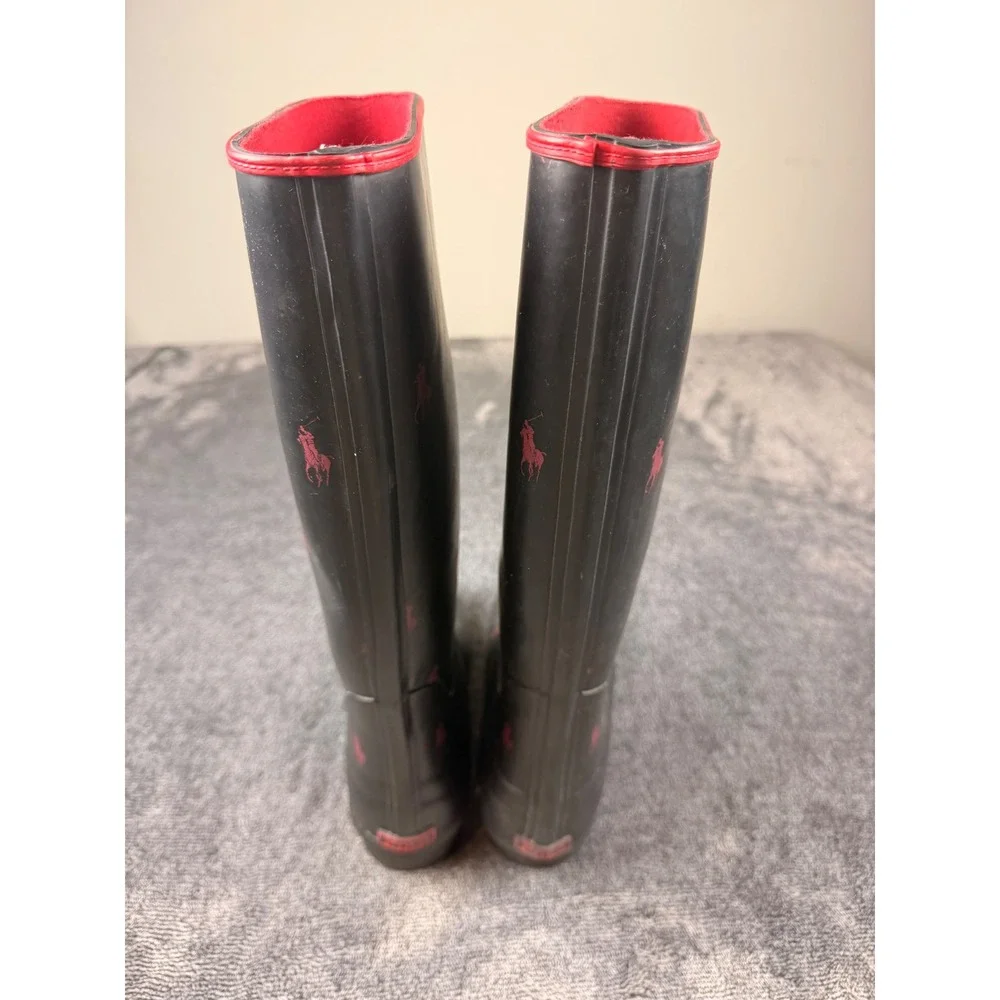 Polo Ralph Lauren Black Red Pony Logo Tall Rubber Rain Boots Mens 7 Womens 9